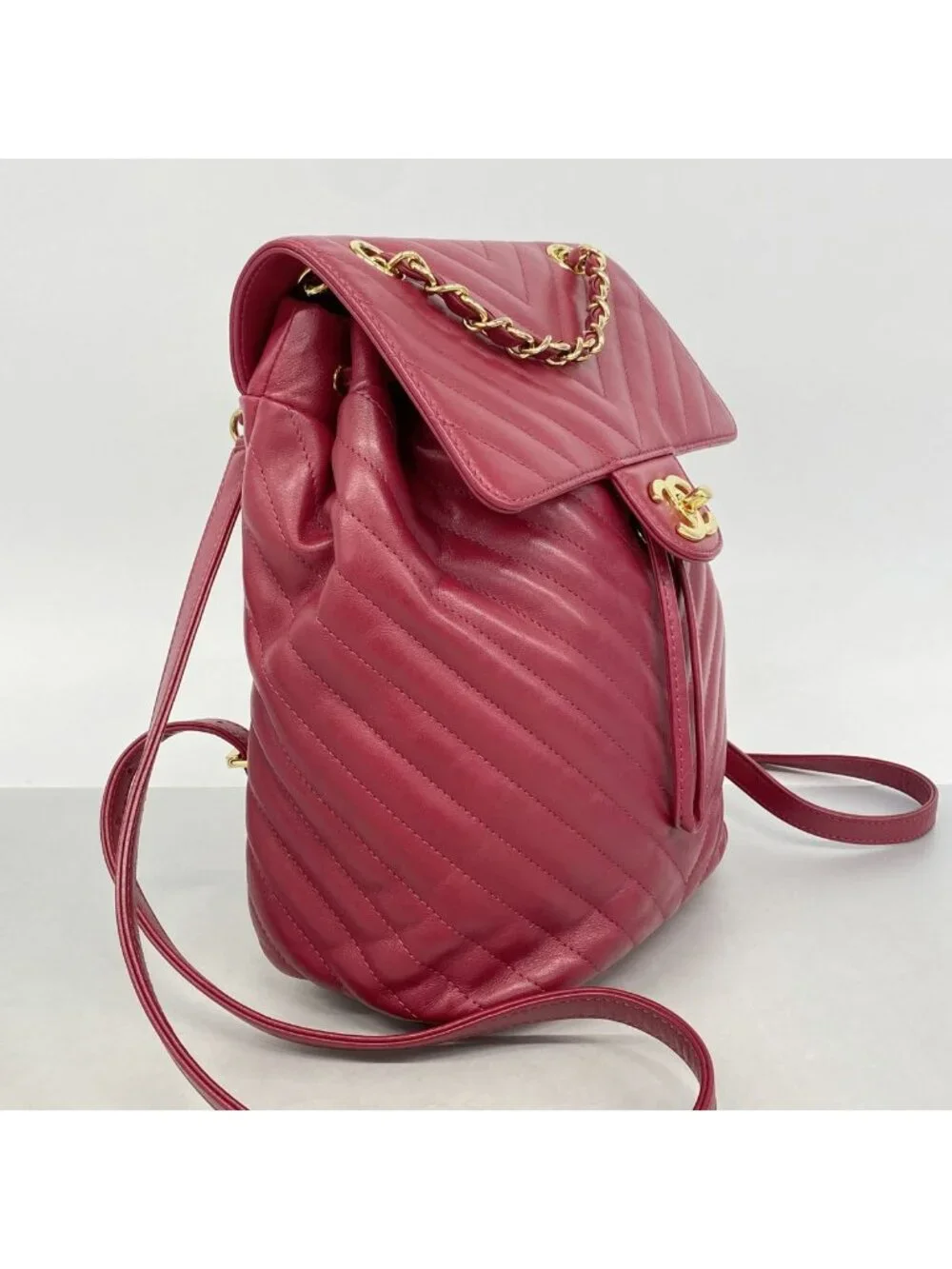 Chanel Backpack Chevron Lambskin Red Gold